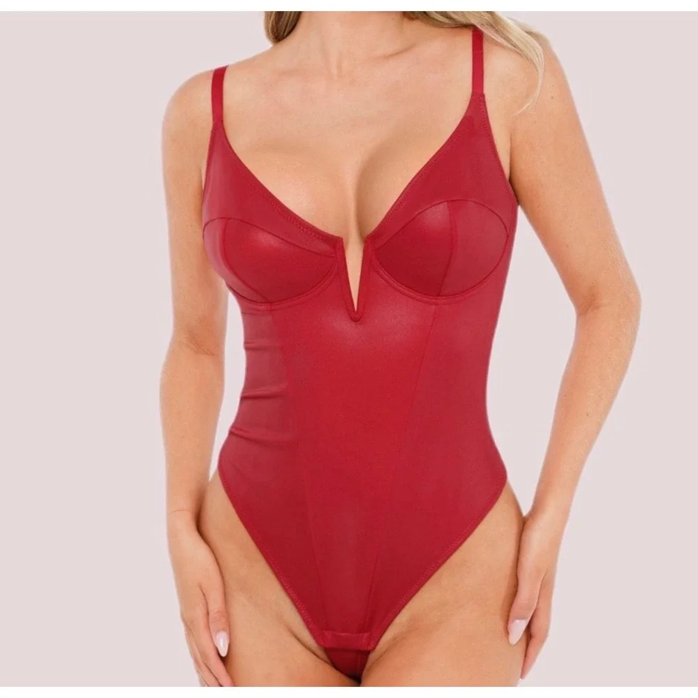 NWT Popilush Red Faux Leather Corset Shapewear Bodysuit Underwire V-Neck Medium‎